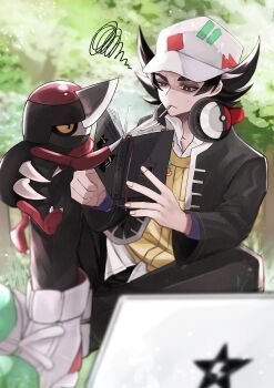 1boy absurdres black_hair black_jacket black_pants book boots brown_eyes collared_shirt commentary_request computer fusuma_(kxy_off) gen_2_pokemon gen_5_pokemon giacomo_(pokemon) headphones headphones_around_neck highres holding holding_book jacket laptop male_focus nintendo open_book open_clothes open_collar open_jacket pants pawniard pokemon pokemon_(creature) pokemon_sv reading shirt short_hair sitting solo squiggle umbreon white_shirt yellow_shirt