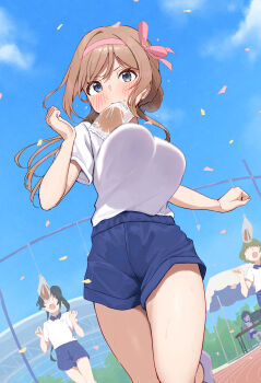 4girls absurdres blue_shorts blue_sky blush bouncing_breasts bread_eating_race breasts brown_hair cloud cloudy_sky commentary_request confetti day from_below gakuen_idolmaster gym_shirt gym_shorts gym_uniform headband highres himesaki_rinami idolmaster large_breasts long_hair mouth_hold multiple_girls pink_headband running_track shirt shirt_tucked_in short_sleeves shorts sky solo_focus sportswear sweat thighs v-shaped_eyebrows wanitaroo._(waniwani_panic)