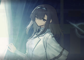 Rule 34 | 1girl, arknights, black eyes, black hair, black hairband, bright pupils, coat, commentary, diamond-shaped pupils, diamond (shape), from side, hairband, hand up, long sleeves, looking at viewer, medium hair, melon22, priestess (arknights), smile, solo, sweater, symbol-only commentary, symbol-shaped pupils, turtleneck, turtleneck sweater, white coat, white pupils, white sweater, wide sleeves