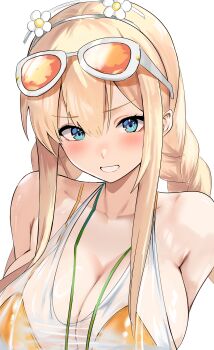 1girl absurdres armpit_crease arms_at_sides bare_shoulders bikini bikini_under_clothes blonde_hair blue_eyes blush braid breasts cleavage collarbone commentary eyewear_on_head flower flower_hairband goddess_of_victory:_nikke grin hair_between_eyes hair_flower hair_ornament hairband halter_shirt halterneck highres kopepan_(kopepann11) large_breasts long_hair looking_at_viewer low_twin_braids low_twintails official_alternate_costume official_alternate_hairstyle orange-framed_eyewear orange_bikini parted_lips see-through_clothes see-through_shirt shirt sidelocks simple_background sleeveless sleeveless_shirt smile solo sunglasses swimsuit tove_(nikke) tove_(sunblaze)_(nikke) twin_braids twintails upper_body v-shaped_eyebrows white-framed_eyewear white_background white_flower white_hairband white_shirt
