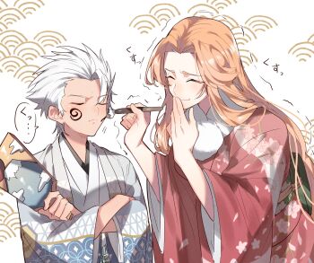 1boy 1girl bleach blue_haori breasts closed_eyes commentary commission crossed_arms english_commentary facepaint floral_print frown furisode hagoita hakama hand_to_own_mouth hanetsuki haori highres hitsugaya_toushirou holding holding_paddle holding_paintbrush japanese_clothes kimono large_breasts leaning_forward long_hair matsumoto_rangiku mole mole_under_mouth obi open_mouth orange_hair paddle paintbrush red_kimono saba_miso sash second-party_source skeb_commission smile stifled_laugh trembling white_hair wide_sleeves