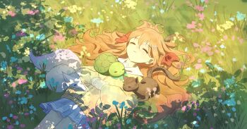 1girl absurdres blue_sailor_collar blue_skirt bow bowtie brown_hair cardigan cat closed_eyes closed_mouth feet_out_of_frame fox from_above from_side green_bow green_bowtie hair_between_eyes hair_ornament hair_ribbon hands_on_own_stomach hashtag-only_commentary heart heart_hair_ornament highres kapxapius long_hair long_sleeves lying miniskirt neuro-sama on_back on_grass outdoors pleated_skirt red_ribbon ribbon sailor_collar skirt smile summer sunlight turtle vedal987 vedal_ai virtual_youtuber yellow_cardigan