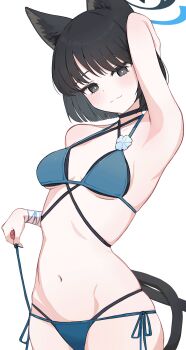 1girl absurdres alternate_costume animal_ears arm_up armpits bikini black_eyes black_hair blue_archive blue_bikini blue_halo blush breasts cat_ears cat_tail closed_mouth cowboy_shot groin halo halterneck highres kikyou_(blue_archive) kikyou_(swimsuit)_(blue_archive) looking_at_viewer medium_breasts multiple_tails navel presenting_armpit short_hair side-tie_bikini_bottom simple_background smile solo sseng_00 stomach swimsuit tail two_tails white_background