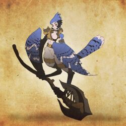 Rule 34 | 1girl, armor, axe, bird legs, bird tail, blue feathers, blue hair, blue tail, blue wings, breasts, colored sclera, commentary, digitigrade, douglas harvey, feathered wings, feathers, hair slicked back, harpy, highres, holding, holding axe, holding polearm, holding weapon, holding with feet, medium breasts, monster girl, navel, one breast out, original, parted lips, pauldrons, polearm, red eyes, red sclera, short hair, shoulder armor, single pauldron, solo, spiked pauldrons, tail, thigh strap, weapon, winged arms, wings