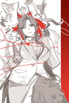 1girl absurdres blue_eyes blush breasts brown_hair commentary_request cowboy_shot formal_clothes gloves highres large_breasts limbus_company limited_palette project_moon red_pupils ring_(identity)_(project_moon) rodion_(project_moon) simple_background string string_of_fate suit