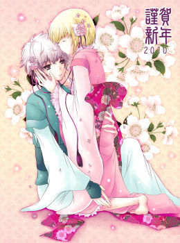 Rule 34 | 10s, 1boy, 1girl, 2010, black eyes, blonde hair, closed eyes, flower, frills, fruits basket, highres, japanese clothes, muu, sohma hatsuharu, souma kisa, white hair