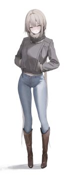 1girl absurdres blonde_hair blue_pants blush boots breasts brown_boots collar commentary denim full_body grey_collar grey_jacket hands_in_pockets highres jacket jeans laneigu large_breasts long_hair long_sleeves looking_at_viewer mole mole_on_cheek mole_under_eye original pants parted_lips scarf simple_background solo twintails very_long_hair yellow_eyes yuzu_(laneigu)