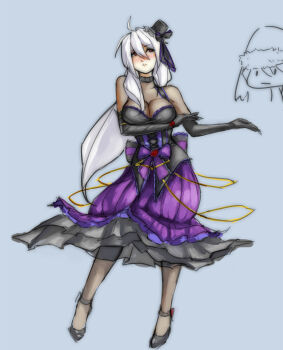 1girl blush breasts chibi chibi_inset choker cleavage dress elbow_gloves eu03 female_focus full_body gloves gothic_lolita hat high_heels highres large_breasts lolita_fashion long_hair mini_hat mini_top_hat pantyhose ponytail project_diva_(series) project_diva_extend red_eyes see-through_clothes shoes simple_background solo top_hat vocaloid white_hair yowane_haku yowane_haku_(gothic_purple)