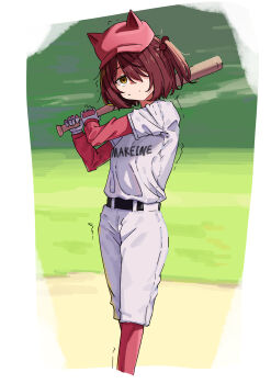 Rule 34 | 1girl, absurdres, baseball bat, baseball cap, baseball jersey, baseball uniform, brown hair, copyright name, day, gloves, hair bobbles, hair ornament, hair over one eye, hat, highres, holding, holding baseball bat, jersey, jyuunen-kun, komari chika, looking at viewer, make heroine ga oo sugiru!, outdoors, red socks, shirt, short hair, shorts, socks, sportswear, sweatdrop, trembling, white shirt, white shorts, yellow eyes