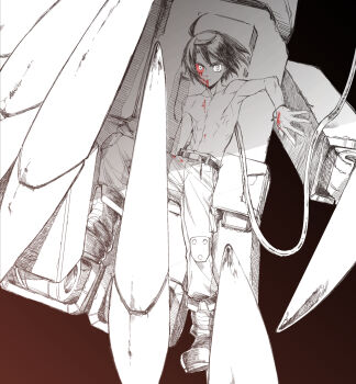 1boy ahoge belt black_hair bleeding blood blood_from_mouth blood_on_body blood_on_clothes blood_on_face blood_on_hands bloody_tears boots bracelet cable cargo_pants character_request facing_viewer gradient_background grey_eyes gundam gundam_tekketsu_no_orphans hand_on_wall highres injury jewelry knee_pads leaning_back looking_at_viewer machinery male_focus mecha_pilot_suit mechanical_hands monochrome oliolio pants parted_bangs partially_colored red_background single_mechanical_hand sitting sitting_on_object topless_male