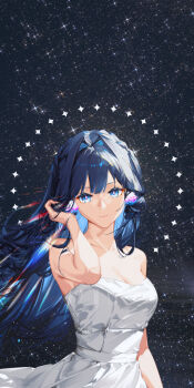 1girl absurdres animal_ears arknights astesia_(arknights) bare_shoulders bird_ears blue_eyes blue_hair breasts bright_pupils cleavage dress empire_waist expressionless hand_in_own_hair highres immeasurable long_hair looking_at_viewer photo_background sky solo star_(sky) star_(symbol) starry_sky upper_body white_dress white_pupils