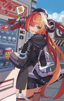 1girl 1other black_hat black_horns blue_sky blurry blurry_background breasts can cloud commentary_request curled_horns day dragon_girl dragon_horns drink drink_can fire from_behind gloves green_eyes hair_between_eyes hat highres holding holding_can holding_drink horns jinchan long_hair looking_at_viewer magus_(zenless_zone_zero) mechanical_horns mechanical_tail open_mouth orange_hair orange_pupils orphie_magnusson outdoors pointy_ears sky speech_bubble tail thighhighs twintails vending_machine yellow_gloves zenless_zone_zero