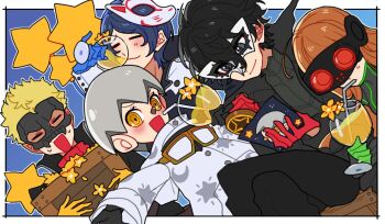 1girl 4boys =_= ahoge amamiya_ren black_coat black_gloves black_hair black_pants blonde_hair blue_background blue_hair box closed_eyes closed_mouth coat crate crossed_legs cup drinking drinking_straw fox_(persona_5) fox_mask gloves goggles goggles_around_neck grey_eyes grey_hair holding holding_box holding_cup jacket joker_(persona_5) jose_(persona) kitagawa_yuusuke long_sleeves maitakepasuta mask mask_on_head multiple_boys nervous_smile on_box open_clothes open_coat open_mouth oracle_(persona_5) orange_hair outstretched_arm pants persona persona_5 persona_5_the_royal red_gloves ringed_eyes sakamoto_ryuuji sakura_futaba short_hair simple_background sitting sitting_on_box skull_(persona_5) skull_mask smile star_(symbol) sweat white_jacket white_mask wooden_box yellow_eyes