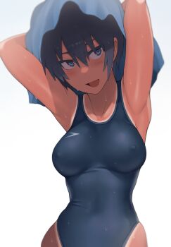 1girl armpits arms_behind_head arms_up bare_shoulders black_eyes black_hair black_one-piece_swimsuit breasts commentary_request competition_swimsuit covered_erect_nipples dark-skinned_female dark_skin drying drying_hair drying_own_hair highres kuronami_(lvi) large_breasts looking_at_viewer lvi one-piece_swimsuit one-piece_tan open_mouth original paid_reward_available revision short_hair simple_background smile solo speedo_(company) swimsuit tan tanline tomboy towel towel_on_head upper_body wet wet_clothes wet_swimsuit white_background