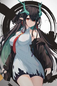 Rule 34 | 1girl, absurdres, arknights, black hair, dragon girl, dragon horns, dragon tail, dusk (arknights), earrings, eastern dragon tail, green horns, hair over one eye, highres, horns, jewelry, long hair, pointy ears, red eyes, solo, tail, tassel, tassel earrings, wumiliko 56