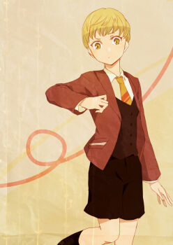 1girl alternate_costume androgynous black_socks brown_shorts brown_vest closed_mouth collared_shirt commentary_request eyelashes hanada_hyou huang_pao-lin jacket long_sleeves necktie open_clothes open_jacket red_jacket reverse_trap shirt short_hair shorts socks solo standing standing_on_one_leg tiger_&amp;_bunny tomboy very_short_hair vest white_shirt