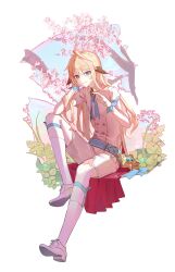 Rule 34 | 1boy, absurdres, ahoge, alternate costume, androgynous, belt, black hair, blonde hair, blue belt, blue eyes, cherry blossoms, chung seiker, elsword, flower, highres, invisible chair, iron paladin (elsword), long hair, looking at viewer, male focus, multicolored hair, pba 471, petals, pink flower, shoes, short sleeves, shorts, sitting, socks, solo, streaked hair, very long hair, white background, white footwear, white shorts, white socks