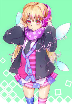 1girl alternate_costume alternate_legwear american_flag_dress american_flag_legwear black_jacket black_necktie blonde_hair blush clownpiece commentary_request constellation cowboy_shot duplicate fairy_wings green_background headphones highres jacket long_hair long_sleeves looking_at_viewer mouth_hold multicolored_hair necktie no_headwear pleated_skirt polka_dot polka_dot_scarf purple_scarf radiosity_(yousei) red_eyes scarf shirt skirt solo square streaked_hair striped_clothes striped_thighhighs thighhighs thighs touhou untucked_shirt very_long_hair vest white_shirt wings