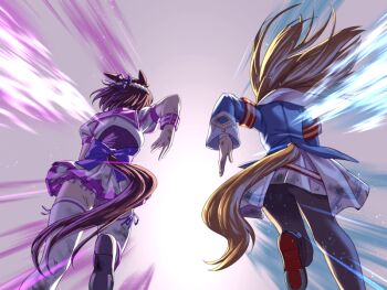 2girls animal_ears armband black_pantyhose blue_jacket bow braid brown_hair commentary_request dress from_behind grass_wonder_(stone-piercing_blue)_(umamusume) grass_wonder_(umamusume) half_up_braid horse_ears horse_girl horse_tail jacket long_hair long_sleeves multicolored_hair multiple_girls pantyhose peeta purple_sailor_collar purple_vest red_armband running sailor_collar shirt short_hair short_sleeves skirt special_week_(special_dreamer)_(umamusume) special_week_(umamusume) tail textless_version thighhighs two-tone_hair umamusume vest white_dress white_hair white_sailor_collar white_shirt white_skirt white_thighhighs