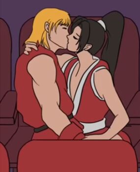 black_hair blonde_hair capcom closed_eyes couple crossover fatal_fury fatal_fury:_city_of_the_wolves french_kiss high_ponytail highres holding holding_hands ken_masters kiss movie_theater non-web_source ponytail shipping_(fandom) shiranui_mai snk street_fighter the_king_of_fighters theater_seating