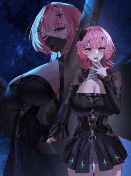 1girl absurdres arm_up black_dress black_mask breasts chest_belt cleavage commentary dress hair_ornament hairclip hand_up highres itz_bob21 large_breasts looking_at_viewer mask medium_hair mouth_mask multiple_views one_eye_closed open_mouth pink_hair pointy_ears purple_eyes remielle_dan sky star_(sky) starry_sky tongue tongue_out zenless_zone_zero