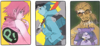 1girl 2boys backpack bag baseball_bat beard cat collar facial_hair father_and_son flcl glasses haruhara_haruko highres miyu_miyu multiple_boys mustache nandaba_kamon nandaba_naota official_art sadamoto_yoshiyuki short_hair the_pillows yellow_background
