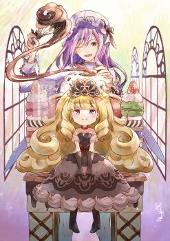 2girls blonde_hair bow brown_dress dessert dress duel_monster food fruit highres holding long_hair madolche_puddingcess madolche_puddingcess_chocolat-a-la-mode mizutama_(mizutamalion) multiple_girls one_eye_closed patissciel_couverture smile strawberry sweets tagme tiara whisk window yu-gi-oh!