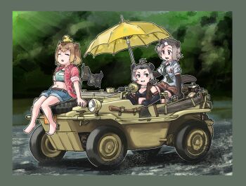 3girls absurdres american_beaver_(kemono_friends) amphibious_ground_vehicle animal_ears antenna_hair axe barefoot beach_umbrella beaver_ears beaver_tail belt bike_shorts bike_shorts_under_shorts black_eyes black_hair border bra brown_eyes brown_hair capybara_(kemono_friends) car closed_eyes commentary_request day driving elbow_gloves eurasian_beaver_(kemono_friends) extra_ears flag flag_on_vehicle fur_collar gloves green_sports_bra grey_hair hair_ornament hairclip hand_saw highres kemono_friends looking_at_another medium_hair motor_vehicle multicolored_hair multiple_girls necktie object_on_head on_car open_clothes open_mouth open_shirt open_vest outdoors plaid_clothes plaid_shirt river rubber_duck saw schwimmwagen shirt short_sleeves shorts sidelocks sitting smile sports_bra steering_wheel tail toriny torn_clothes torn_sleeves umbrella underwear vest water
