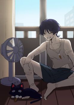 1boy alternate_costume animalization arm_at_side arm_on_thigh bare_shoulders barefoot black_cat black_hair black_shorts blue_sky blunt_ends casual cat cityscape clear_sky closed_eyes collarbone commentary contemporary curtains dlgodls0731 doll_joints electric_fan eyeliner eyeshadow facing_to_the_side feather_necklace feathers genshin_impact grin hair_ornament hairclip highres indoors jewelry joints makeup male_focus midriff_peek necklace person_and_animalization pom_pom_(clothes) red_eyeliner red_eyeshadow scaramouche_(cat)_(genshin_impact) scaramouche_(genshin_impact) shorts sitting sky smile solo summer sweat symbol-only_commentary tank_top white_tank_top window wispy_bangs yellow_feathers