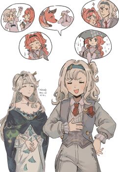 2girls absurdres aged_down beryl_bouanich bird checkered_hairband closed_eyes commentary dog duck english_commentary english_text hairband highres holding holding_umbrella matilda_bouanich mogufuuri mother_and_daughter multiple_girls railing reverse:1999 smile sonetto_(reverse:1999) speech_bubble umbrella waving