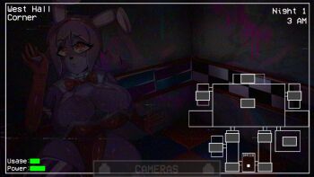 1girl animal_ears animatronic bonnie_(fnaf) bow bowtie breasts camera chica cleavage clock collar colored_skin commentary elbow_gloves english_commentary english_text five_nights_at_freddy's five_nights_in_anime:_after_hours_(fangame) five_nights_in_anime_(fangame) furry furry_female game_screenshot gameplay_mechanics genderswap genderswap_(mtf) gloves hairband highres huge_breasts large_breasts leotard non-web_source playboy_bunny purple_hair rabbit_tail red_bow red_bowtie red_eyes red_gloves red_hairband red_leotard screencap shiny_skin short_hair smile solo spray_paint static strapless strapless_leotard tail undressing video_game