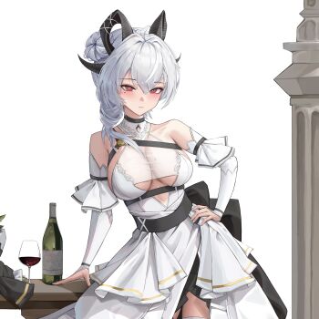 1girl absurdres alternate_costume alternate_hairstyle bare_shoulders black_horns blush bottle bouquet breasts closed_mouth commentary cowboy_shot cup curled_horns dress drinking_glass flower hair_between_eyes hand_on_own_hip hand_on_table highres horns looking_at_viewer medium_breasts medium_hair mole mole_on_breast mole_under_eye red_eyes riuv187567 see-through_cleavage see-through_clothes solo standing white_dress white_hair wuthering_waves zani_(wuthering_waves)