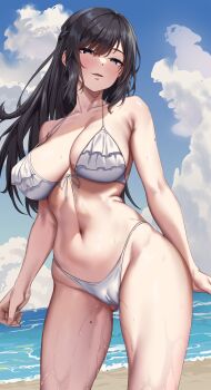 Rule 34 | 1girl, absurdres, beach, bikini, black eyes, black hair, blue sky, breasts, cameltoe, cloud, commentary request, day, frilled bikini, frills, gluteal fold, highres, horizon, jack dempa, large breasts, long hair, looking at viewer, miyamae shiho (jack dempa), mole, mole on arm, mole on breast, mole on thigh, mole under eye, multiple moles, ocean, open mouth, original, outdoors, sky, smile, solo, standing, swimsuit, wet, white bikini