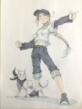 1girl animal bandana bandana_around_neck baseball_cap black_bandana black_hat black_pants black_shirt black_shoes blonde_hair braid cat closed_mouth clothed_animal commentary full_body grey_eyes hat highres layered_sleeves long_hair long_sleeves looking_to_the_side midriff navel original pants pants_rolled_up peter_salt pointing shirt shoes short_over_long_sleeves short_sleeves single_braid smile sneakers solo standing traditional_media white_background white_cat white_shirt