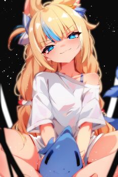 1girl alternate_costume animal_ear_fluff animal_ears black_background blonde_hair blue_eyes blue_streaks blunt_bangs cat_ears fins fish_girl fish_tail highres indie_virtual_youtuber long_hair multicolored_hair sameko_saba sameko_saba_(fish) shirt sitting smug solo streaked_hair tail the0neulost virtual_youtuber white_shirt