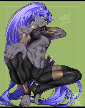 1girl abs absurdres armlet assassin_(fate/zero) bare_shoulders barefoot biceps black_pants bracer breasts cleavage commentary_request dark-skinned_female dark_skin earrings fate/grand_order fate_(series) female_assassin_(fate/zero) green_background halterneck high_ponytail highres hoop_earrings jewelry knife large_breasts long_hair looking_at_viewer muscular muscular_female navel neck_ring pants parted_bangs parted_lips ponytail purple_eyes purple_hair shin_(ultramarine430) solo spread_legs squatting toned very_long_hair