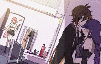 1boy 2girls absurdres alternate_costume alternate_universe animal_ears antenna_hair artist_name bare_shoulders black_gloves black_skirt blush braid brown_hair c520gpss chair closed_mouth coat collared_shirt couple covering_another's_mouth crop_top detached_collar door elbow_gloves embarrassed faceless faceless_female formal_clothes fox_ears fox_girl bad_tag from_side genshin_impact gloves gradient_hair head_tilt hetero high_ponytail highres hoyofair idol idol_clothes indoors lofter_username long_braid long_hair long_sleeves multicolored_hair multiple_girls no_eyes no_mouth nose_blush open_door pink_hair ponytail purple_hair raiden_shogun shade shirt shy single_braid skirt sleeveless standing standing_on_one_leg stomach suit sweatdrop thighs yae_miko zhongli_(genshin_impact)