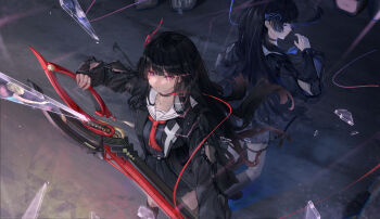 2girls absurdres arm_cutout black_choker black_hair black_jacket chisa_(wuthering_waves) choker clothing_cutout commentary dual_persona hair_ribbon highres holding holding_sword holding_weapon jacket long_sleeves mienpp multiple_girls neckerchief red_neckerchief red_ribbon ribbon sailor_collar sword weapon white_sailor_collar wuthering_waves