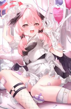 1girl absurdres apron arashiomoto bandages black_wings blue_archive breasts halo hat highres holding holding_syringe koharu_(blue_archive) nurse_cap pink_eyes pink_hair small_breasts solo syringe twintails white_apron wings