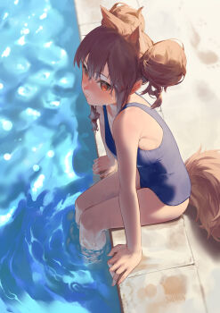 1girl :| absurdres alternate_costume angelina_(arknights) animal_ears arknights armpit_crease artist_name bare_shoulders blue_one-piece_swimsuit blush breasts brown_hair caustics closed_mouth commentary day double_bun english_commentary expressionless fox_ears fox_girl fox_tail hair_bun hands_on_ground highres medium_hair mkrk_mikaerukung no_headwear one-piece_swimsuit orange_eyes outdoors partially_submerged pool poolside school_swimsuit sitting small_breasts solo swimsuit tail thighs tile_floor tiles water wet