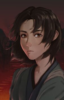 Rule 34 | 1girl, assassin's creed: shadows, assassin's creed (series), bamboo, bamboo forest, brown eyes, closed mouth, commentary, english commentary, facial scar, forest, fujibayashi naoe, highres, ingloo, japanese clothes, looking at viewer, medium hair, mountain, nature, portrait, scar, scar on cheek, scar on face, solo, stairs, torii