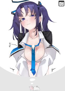 1futa 1girl ahoge black_shirt blue_archive blue_necktie breasts closed_mouth cum cum_in_clothes cum_through_clothes dreaming erection female_pubic_hair futa_with_female futanari halo highres hoshino_(blue_archive) long_hair looking_at_viewer medium_breasts necktie off_shoulder paizuri penis pink_hair pubic_hair purple_eyes purple_hair shirt sleeping straysecond two_side_up wet_dream white_shirt yuuka_(blue_archive)
