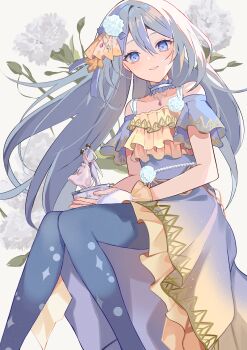 Rule 34 | 1girl, absurdres, aqua flower, bare shoulders, blue eyes, carnation recollection (project sekai), choker, commentary request, dress, feet out of frame, floral background, flower, frilled choker, frilled dress, frills, gem, gradient clothes, gradient dress, hair flower, hair ornament, hair ribbon, hair spread out, highres, holding, jewelry, knees together feet apart, layered skirt, long hair, looking at viewer, necklace, pantyhose, pearl (gemstone), project sekai, purple dress, ribbon, sepia background, short sleeves, sitting, skirt, solo, triangle print, utakapen, very long hair, white flower, wrist cuffs, yellow dress, yoisaki kanade