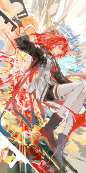 1girl absurdres arknights black_boots black_gloves black_jacket black_shorts boots breasts commentary detached_wings dress energy_wings exusiai_(arknights) exusiai_the_new_covenant_(arknights) fingerless_gloves gloves gun halo hashtag-only_commentary highres ichika_(ichika87) jacket medium_hair one_side_up red_hair shorts smile solo submachine_gun symbol-only_commentary thighhighs traditional_halo weapon white_dress white_thighhighs wings yellow_eyes