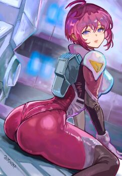 1girl ahoge ass blush bodysuit breasts from_behind gundam gundam_seed gundam_seed_destiny highres lips looking_at_viewer looking_back lunamaria_hawke mecha_pilot_suit medium_breasts normal_suit_(gundam) okrdisk2000 pink_hair purple_eyes red_bodysuit red_hair shiny_clothes short_hair sitting skin_tight solo
