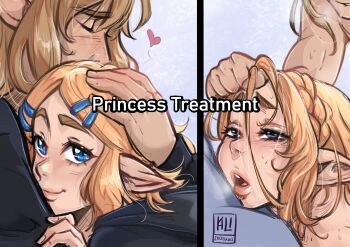 1boy 1girl alternate_eye_color blonde_hair blue_eyes braid commentary contrast crown_braid hair_ornament hairclip heart highres hug link long_hair looking_at_viewer meme nintendo open_mouth parody parted_bangs pointy_ears princess_zelda short_hair sidelocks spiceykali split_screen symbol-only_commentary teeth the_legend_of_zelda the_legend_of_zelda:_tears_of_the_kingdom thick_lips upper_teeth_only