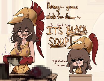 2girls absurdres bare_arms bare_shoulders blurry blurry_background bowl breasts brown_hair censored centurii-chan closed_eyes commentary cooking_pot counter crying crying_with_eyes_open english_commentary english_text food greek_armor greek_helmet highres holding holding_bowl indoors long_hair mosaic_censoring multiple_girls open_mouth original oven_mitts red_oven_mitts scar scar_on_face sharp_teeth smile soup sparta-chan_(centurii-chan) stove streaming_tears talking tears teeth