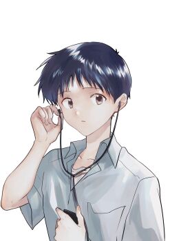 Rule 34 | 1boy, black hair, brown eyes, collared shirt, commentary request, earphones, highres, ikari shinji, male focus, neon genesis evangelion, parted lips, school uniform, shirt, short hair, simple background, single earphone removed, solo, tokyo-3 middle school uniform, tsubaki xxx0921, upper body, walkman, white background, white shirt