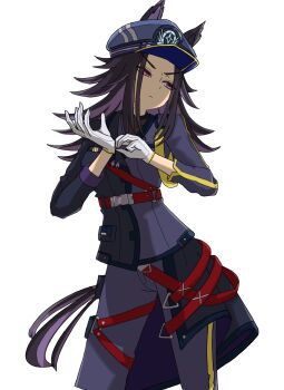 1girl animal_ears atyattyan black_hair black_jacket closed_mouth ears_through_headwear fenomeno_(black_flames_of_the_righteous_spirit)_(umamusume) fenomeno_(umamusume) flipped_hair gloves hat highres horse_ears horse_girl horse_tail horseshoe_hat_ornament horseshoe_ornament jacket long_hair long_sleeves multicolored_hair pants peaked_cap purple_eyes purple_hair shirt simple_background solo striped_hat tail umamusume white_background white_gloves