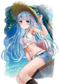 1girl absurdres bag bare_shoulders belt blue_eyes blue_hair bow bracelet braid commission crescent crop_top denim denim_shorts earrings hair_bow hair_ornament hairclip handbag hat highres jewelry long_hair navel project_nebula shorts signature sitting skeb_commission sky solo straw_hat thank_you tree usui_yura virtual_youtuber white_bag white_belt yellow_bow yoko_nyoco